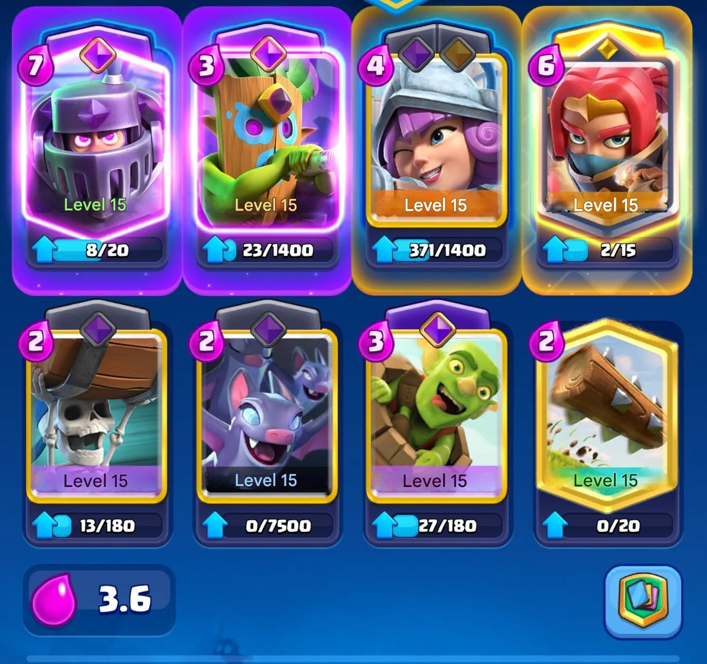 CR683 10000 cups 22 Evolutions 21 Legendary 121 cards King 61 Arena 25 15 level deck 103 emotes 12 tower skins rich collection